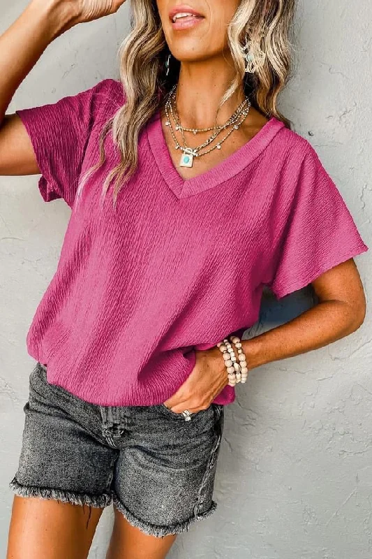 Crinkled V Neck Wide Sleeve Tee Notch Collar Peter Pan Collar Cowl Neck