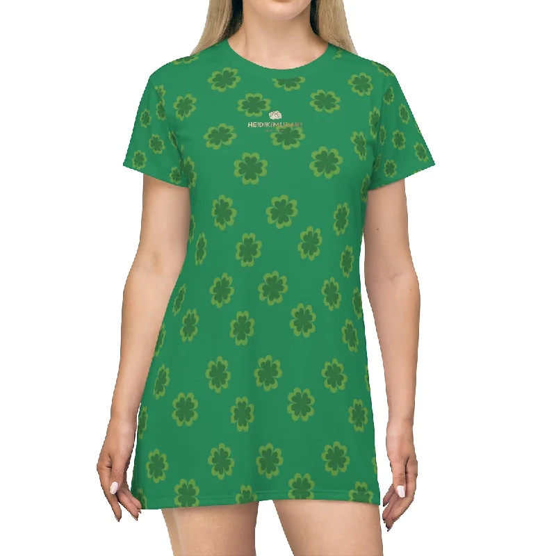 Dark Green Clover T-shirt Dress, Clover Print St. Patrick's Day Women's Premium T-Shirt Dress- Made in USA Zippered Front Buttoned Front Snap Front Dark Green Clover T-shirt Dress, Clover Print St. Patrick's Day Women's Premium T-Shirt Dress- Made in USA Zippered Front Buttoned Front Snap Front