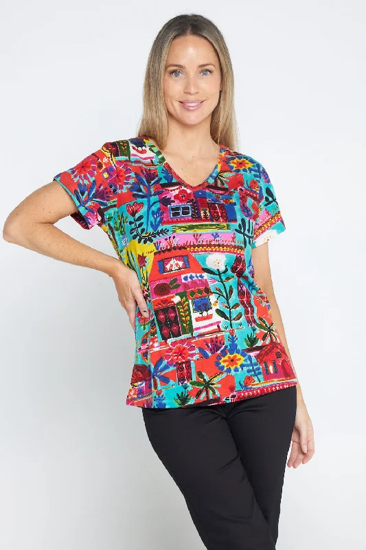 Eva V Neck T-Shirt - Folk Huts Collared T-Shirt Boat Neck A-Line
