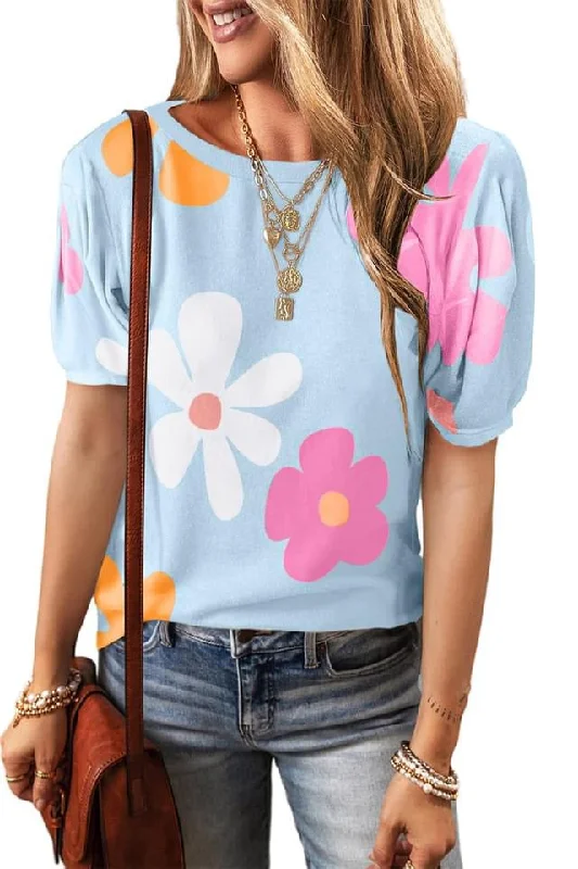 Flower Print Bubble Sleeve Tee Jersey Fabric Tulle Fabric Batik Fabric