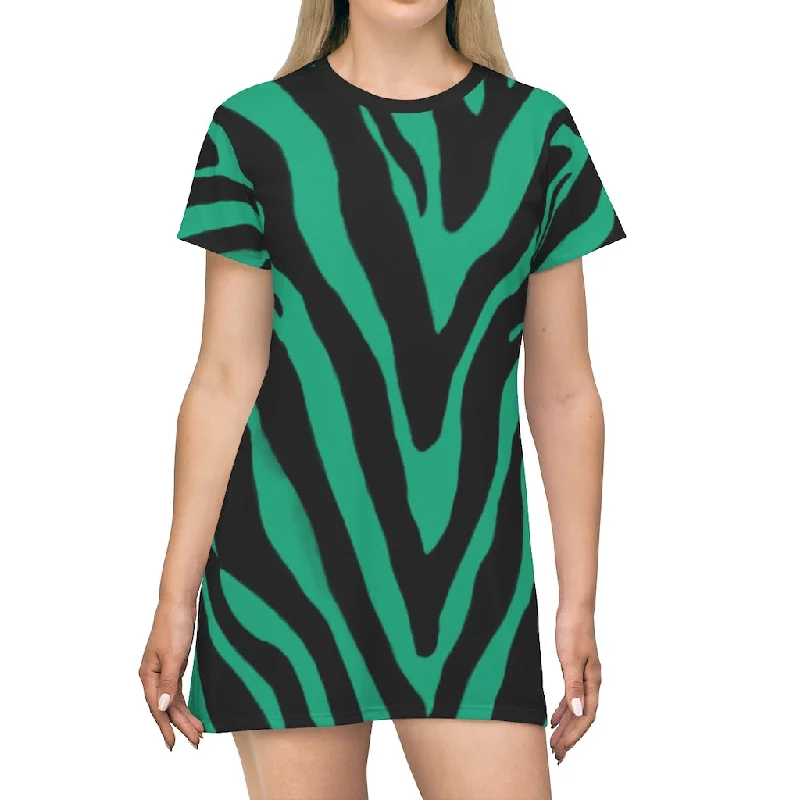 Green Blue Zebra T-Shirt Dress, Zebra Animal Print Crew Neck Long Tee Shirt Dress - Made in USA Silk Blend Satin Velvet Green Blue Zebra T-Shirt Dress, Zebra Animal Print Crew Neck Long Tee Shirt Dress - Made in USA Silk Blend Satin Velvet