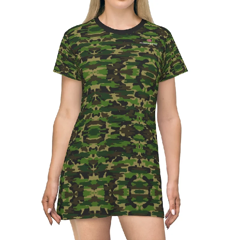 Green Camo Print T-Shirt Dress, Military Army Camo Print Women's Tee Shirt Dress -Made in USA Welt Pockets Slit Pockets Green Camo Print T-Shirt Dress, Military Army Camo Print Women's Tee Shirt Dress -Made in USA Welt Pockets Slit Pockets
