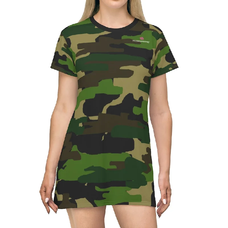 Green Camouflage T-Shirt Dress, Military Army Camo Print Women's Tee Shirt Dress -Made in USA Notch Collar Peter Pan Collar Cowl Neck