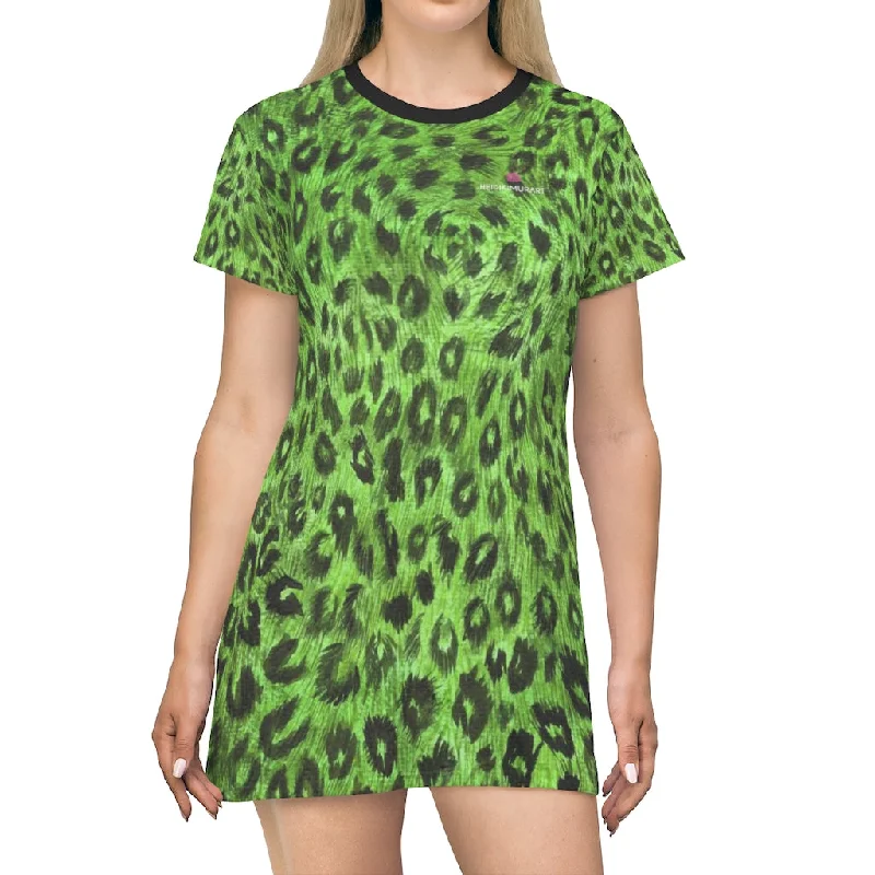 Green Leopard Print T-Shirt Dress, Leopard Animal Print Crewneck Dress For Ladies - Made in USA Knit Fabric Woven Fabric Fleece Fabric Green Leopard Print T-Shirt Dress, Leopard Animal Print Crewneck Dress For Ladies - Made in USA Knit Fabric Woven Fabric Fleece Fabric