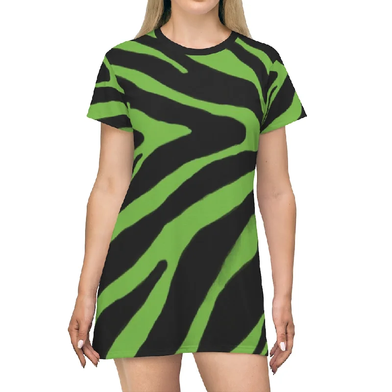 Green Zebra Print T-Shirt Dress, Zebra Animal Print Crew Neck Long Tee Shirt Dress - Made in USA Striped Floral Plaid Green Zebra Print T-Shirt Dress, Zebra Animal Print Crew Neck Long Tee Shirt Dress - Made in USA Striped Floral Plaid