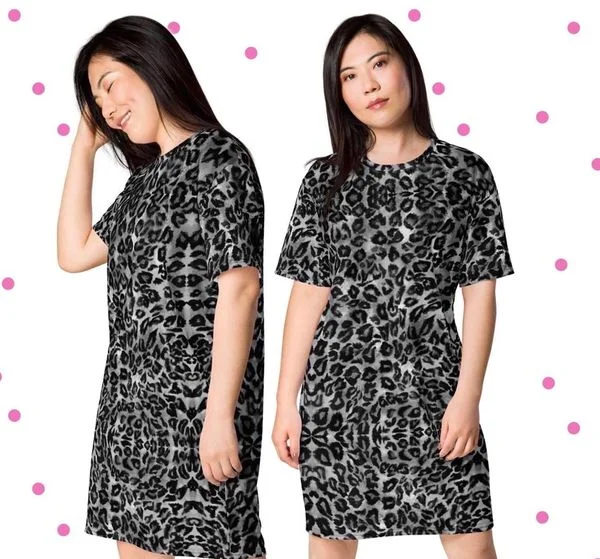Grey Leopard Print T-shirt Dress, Animal Print Women's Short Sleeves Dress For Women-Made in USA/EU Zippered Front Buttoned Front Snap Front Grey Leopard Print T-shirt Dress, Animal Print Women's Short Sleeves Dress For Women-Made in USA/EU Zippered Front Buttoned Front Snap Front