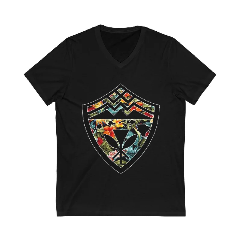 Hawaii Floral Shield Jersey Short Sleeve V-Neck Tee Boxy Fit Fitted Loose
