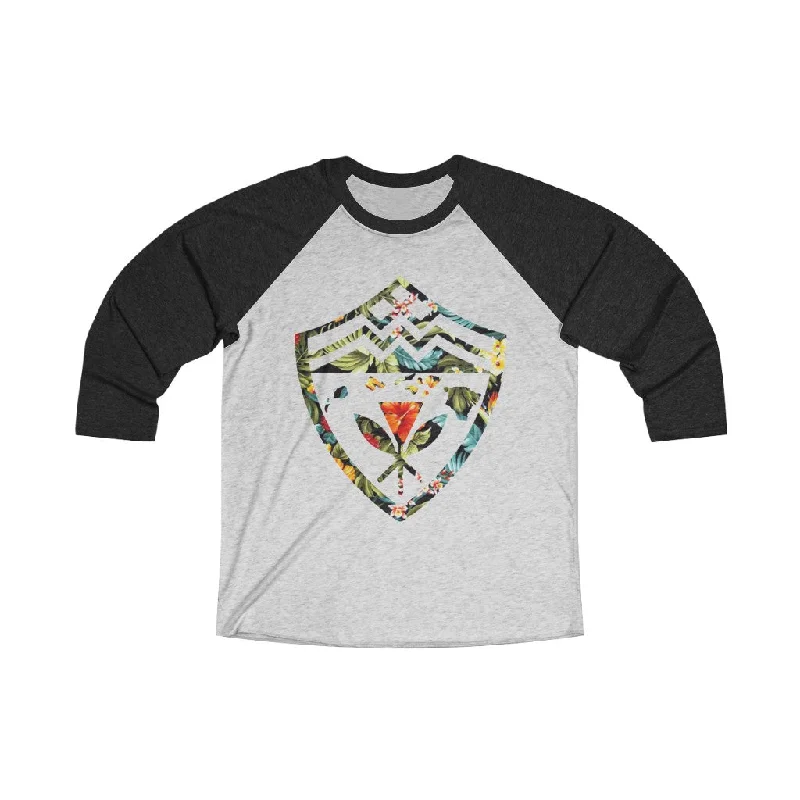 Hawaii Floral Shield Unisex Tri-Blend 3/4 Raglan Tee Zippered Buttoned Snapped
