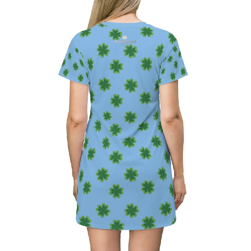 Light Blue Clover T-shirt Dress, Green Clover Print St. Patrick's Day Women's Long T-Shirt Dress- Made in USA Nylon Fabric Polyester Fabric Spandex Fabric Light Blue Clover T-shirt Dress, Green Clover Print St. Patrick's Day Women's Long T-Shirt Dress- Made in USA Nylon Fabric Polyester Fabric Spandex Fabric