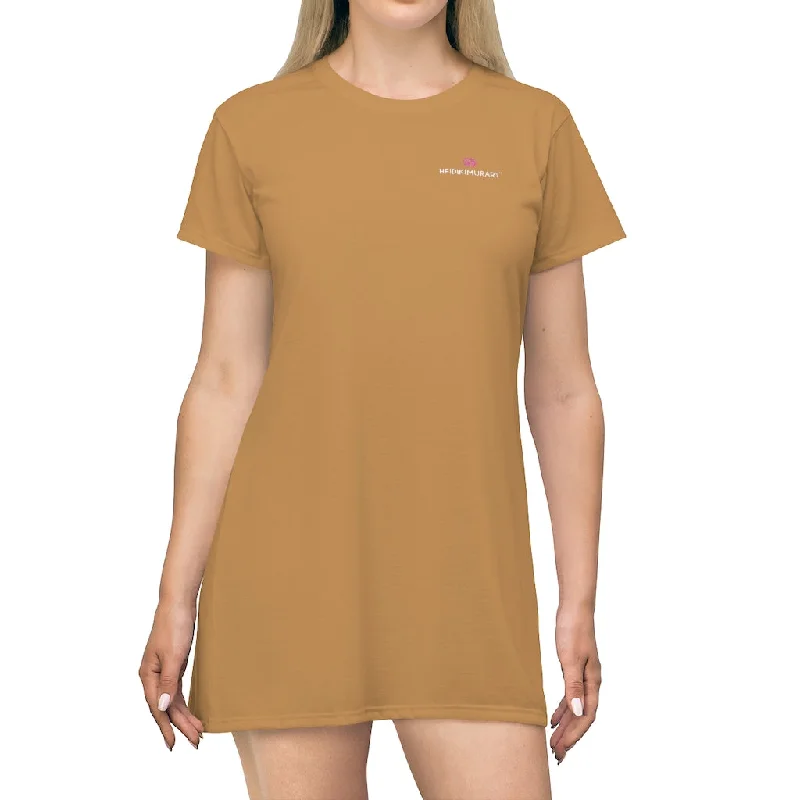 Light Brown T-Shirt Dress, Solid Color Crewneck Long Tee Shirt Dress For Women - Made in USA Cozy Warm Stylish
