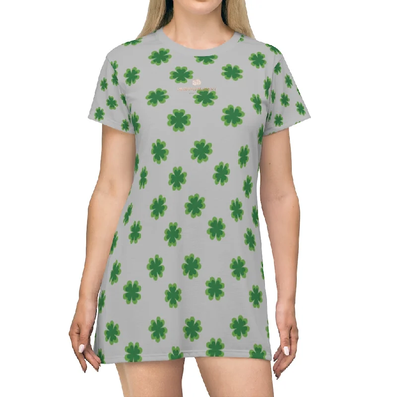Light Gray Clover T-shirt Dress, Green Clover Print St. Patrick's Day Women's Long T-Shirt Dress- Made in USA Satin Blend Silk Blend Wool Blend Light Gray Clover T-shirt Dress, Green Clover Print St. Patrick's Day Women's Long T-Shirt Dress- Made in USA Satin Blend Silk Blend Wool Blend