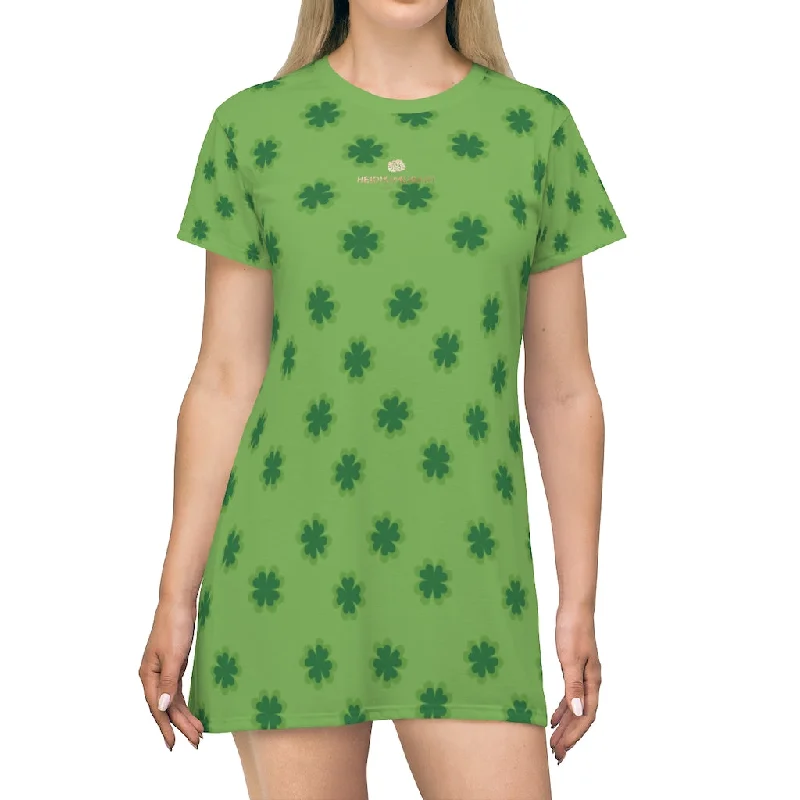 Light Green Clover T-shirt Dress, Clover Print St. Patrick's Day Women's Long T-Shirt Dress- Made in USA Knit Fabric Woven Fabric Fleece Fabric Light Green Clover T-shirt Dress, Clover Print St. Patrick's Day Women's Long T-Shirt Dress- Made in USA Knit Fabric Woven Fabric Fleece Fabric