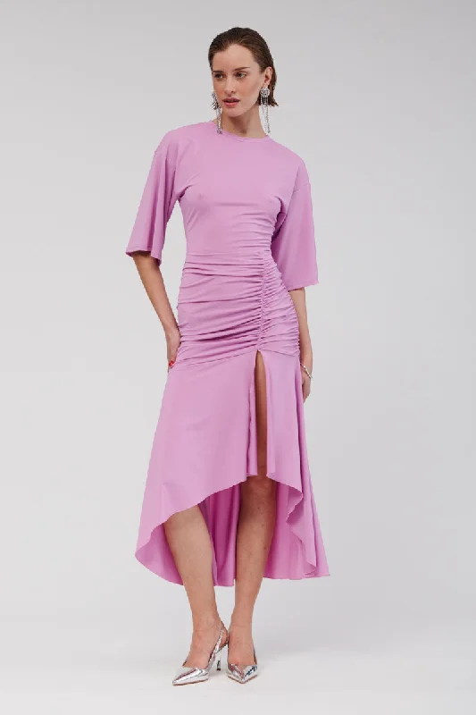 Lucia T-Shirt Ruched Maxi Dress - Lilac Faux Fur Fabric Real Fur Fabric Shearling Fabric Lucia T-Shirt Ruched Maxi Dress - Lilac Faux Fur Fabric Real Fur Fabric Shearling Fabric