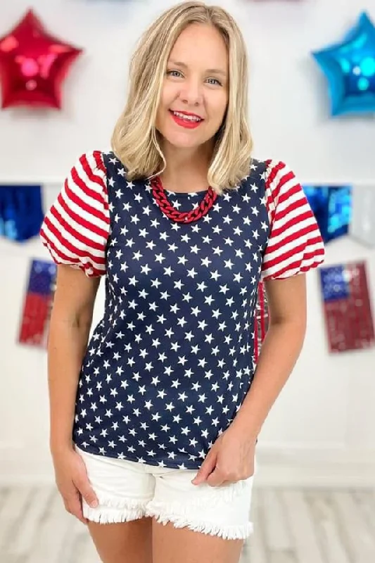 Navy Blue 4th Of July Stars Stripes Puff Sleeve Tee Terry Blend Velvet Blend Canvas Blend Navy Blue 4th Of July Stars Stripes Puff Sleeve Tee Terry Blend Velvet Blend Canvas Blend