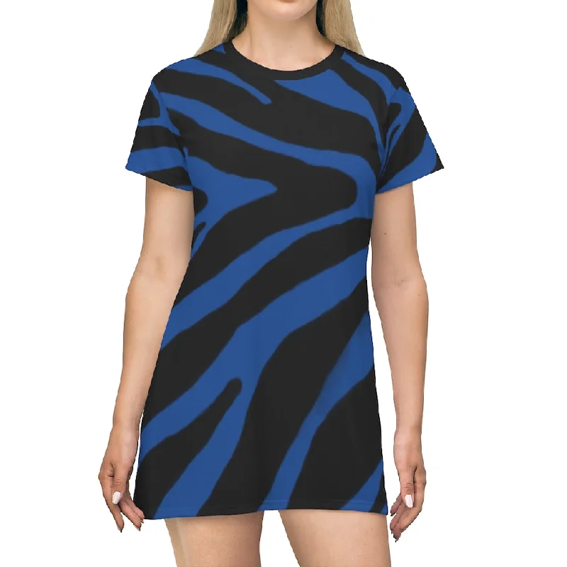 Navy Blue Zebra T-Shirt Dress, Zebra Animal Print Crew Neck Long Tee Shirt Dress - Made in USA Graphic Embroidered Appliqued Navy Blue Zebra T-Shirt Dress, Zebra Animal Print Crew Neck Long Tee Shirt Dress - Made in USA Graphic Embroidered Appliqued