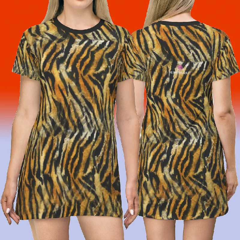 Bright Tiger Striped T-Shirt Dress, Animal Print Crew Neck Long Tee Shirt Dress - Made in USA Denim Fabric Leather Fabric Suede Fabric Bright Tiger Striped T-Shirt Dress, Animal Print Crew Neck Long Tee Shirt Dress - Made in USA Denim Fabric Leather Fabric Suede Fabric