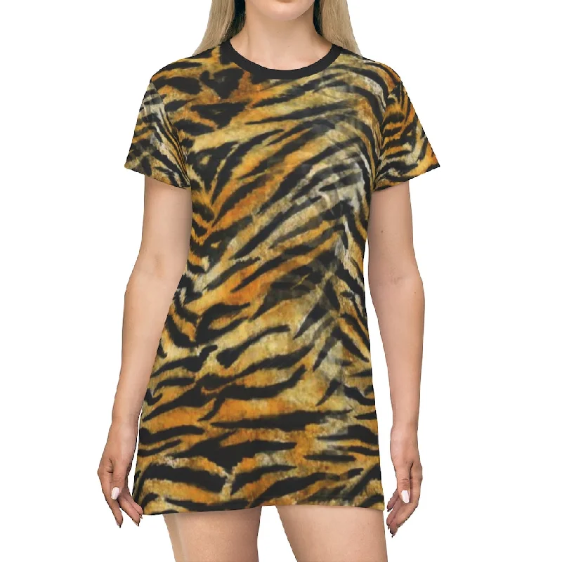 Orange Tiger Stripes T-Shirt Dress, Animal Print Crew Neck Long Tee Shirt Dress - Made in USA Cotton Fabric Linen Fabric Terry Fabric Orange Tiger Stripes T-Shirt Dress, Animal Print Crew Neck Long Tee Shirt Dress - Made in USA Cotton Fabric Linen Fabric Terry Fabric