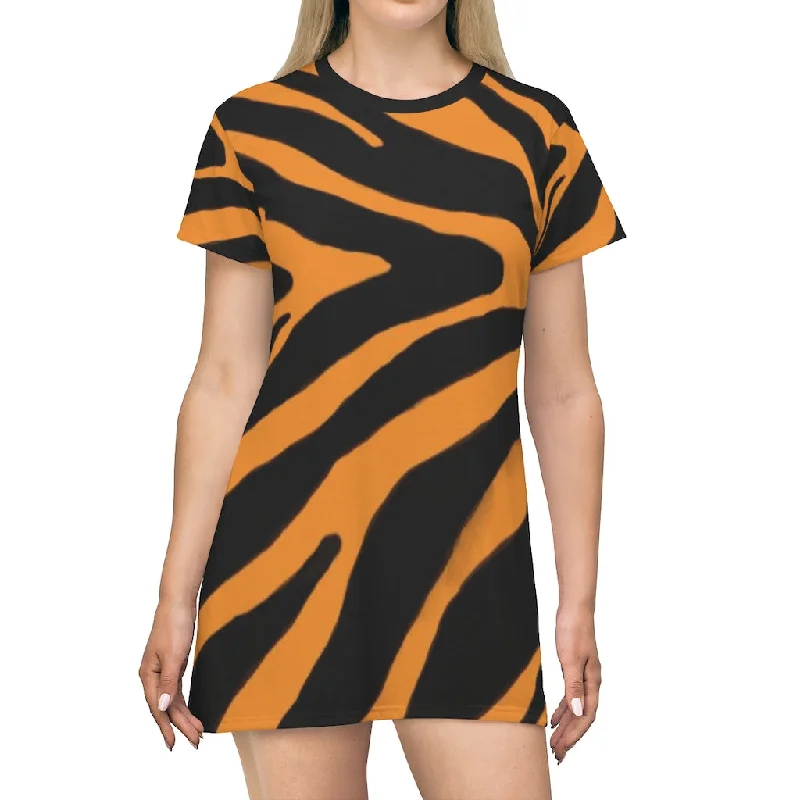 Orange Zebra Print T-Shirt Dress, Zebra Animal Print Crew Neck Long Tee Shirt Dress - Made in USA Elasticated Padded Insulated Orange Zebra Print T-Shirt Dress, Zebra Animal Print Crew Neck Long Tee Shirt Dress - Made in USA Elasticated Padded Insulated