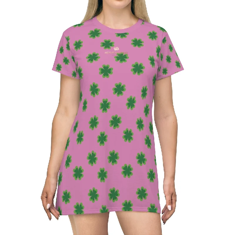 Pink Green Clover T-shirt Dress, Clover Print St. Patrick's Day Women's Long T-Shirt Dress- Made in USA Solid Print Embellished Pink Green Clover T-shirt Dress, Clover Print St. Patrick's Day Women's Long T-Shirt Dress- Made in USA Solid Print Embellished