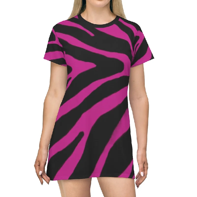 Pink Zebra Print T-Shirt Dress, Zebra Animal Print Crew Neck Long Tee Shirt Dress - Made in USA Terry Blend Velvet Blend Canvas Blend Pink Zebra Print T-Shirt Dress, Zebra Animal Print Crew Neck Long Tee Shirt Dress - Made in USA Terry Blend Velvet Blend Canvas Blend