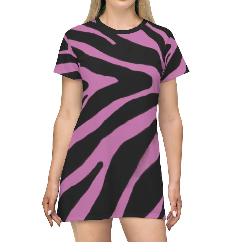 Pink Zebra T-Shirt Dress, Zebra Animal Print Crew Neck Long Tee Shirt Dress - Made in USA Hooded Caped Shawl Collar Pink Zebra T-Shirt Dress, Zebra Animal Print Crew Neck Long Tee Shirt Dress - Made in USA Hooded Caped Shawl Collar