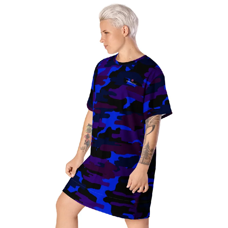 Purple Blue Camo T-shirt Dress, Army Military Print Women's Short Sleeves Dress-Made in USA/EU Asymmetrical Pockets Print Purple Blue Camo T-shirt Dress, Army Military Print Women's Short Sleeves Dress-Made in USA/EU Asymmetrical Pockets Print