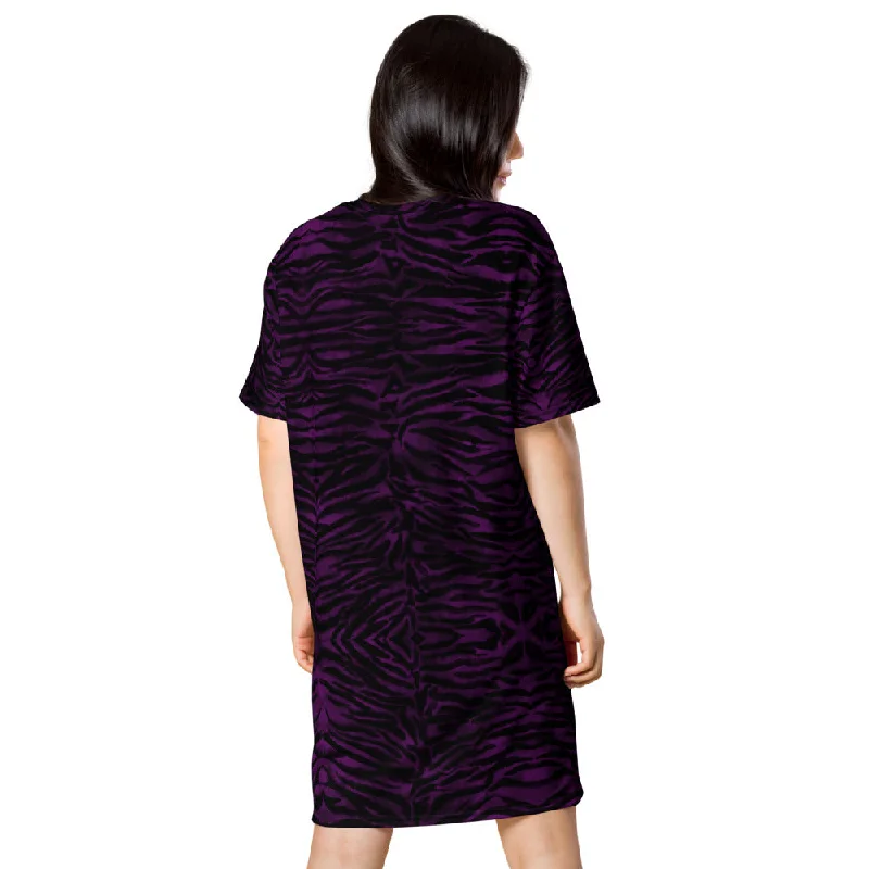 Purple Tiger Striped T-Shirt Dress, Animal Print Women's Short Sleeves Dress - Made in USA/EU/MX Elegant Classic Vintage Purple Tiger Striped T-Shirt Dress, Animal Print Women's Short Sleeves Dress - Made in USA/EU/MX Elegant Classic Vintage