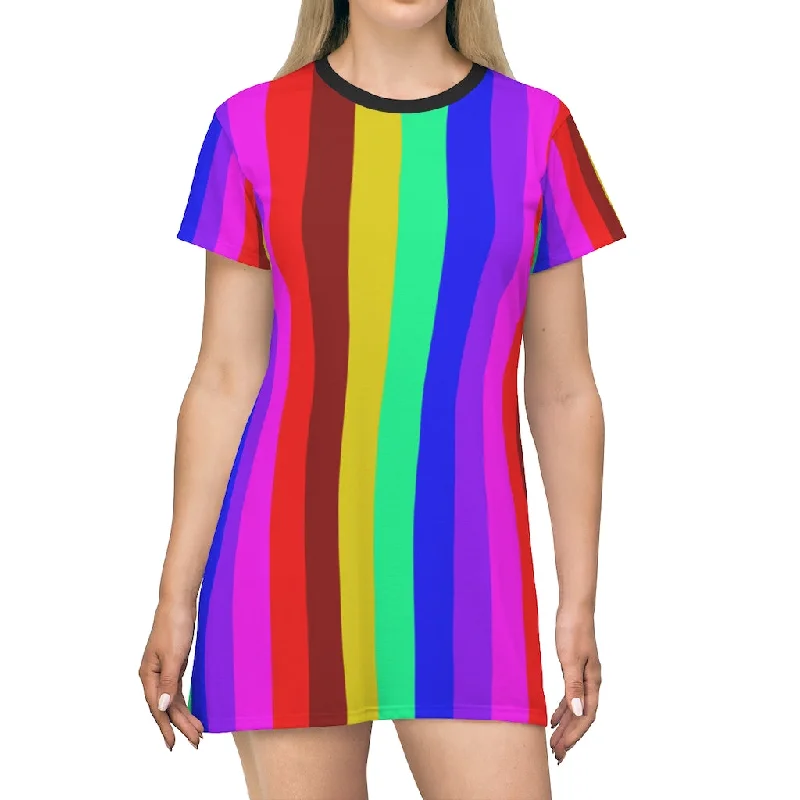 Rainbow Striped T-Shirt Dress, Gay Pride Vertical Striped Women's Crew Neck Dress - Made in USA Plaid T-Shirt Polka Dot Checkered Rainbow Striped T-Shirt Dress, Gay Pride Vertical Striped Women's Crew Neck Dress - Made in USA Plaid T-Shirt Polka Dot Checkered