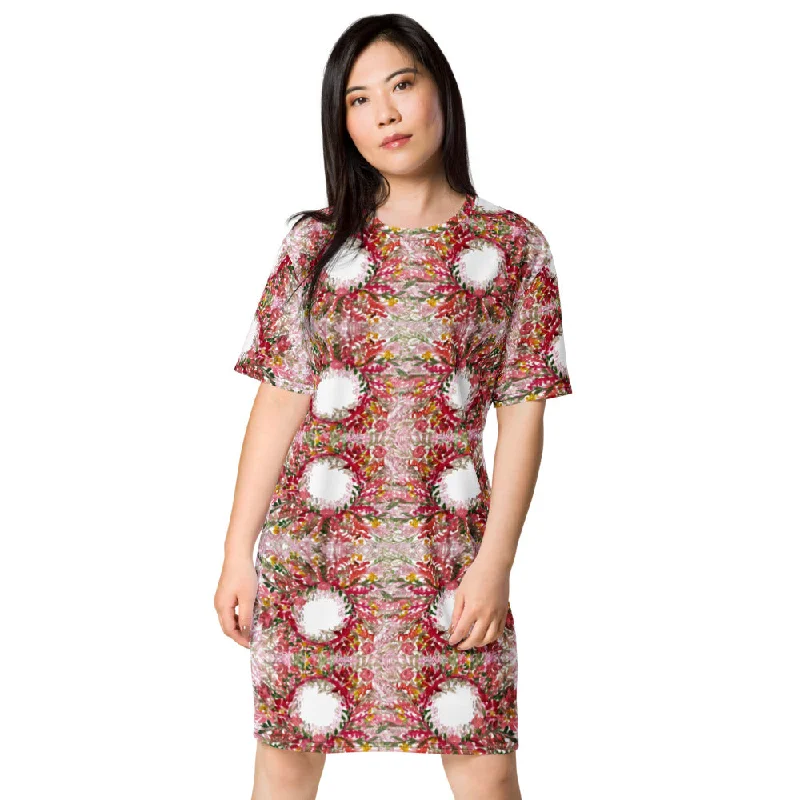 Red Floral Print T-Shirt Dress, Circular Watercolor Fall Style Women's Oversized Short Sleeves Dress Oversized T-Shirt Spandex breathable Red Floral Print T-Shirt Dress, Circular Watercolor Fall Style Women's Oversized Short Sleeves Dress Oversized T-Shirt Spandex breathable