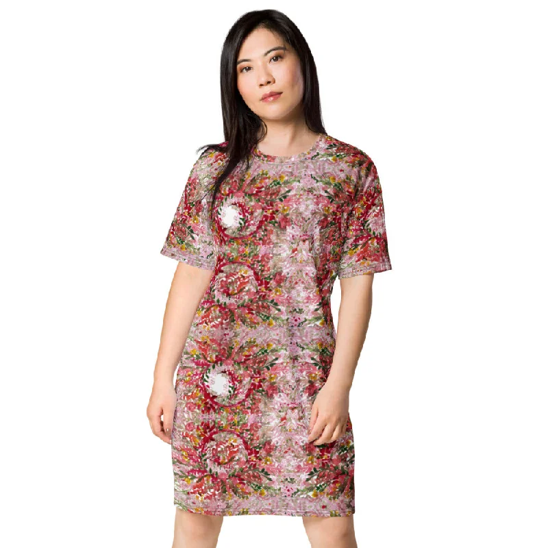 Red Flower T-shirt Dress, Circular Watercolor Fall Style Women's Oversized Short Sleeves Dress Basic T-Shirt Crew Neck Short Sleeve Red Flower T-shirt Dress, Circular Watercolor Fall Style Women's Oversized Short Sleeves Dress Basic T-Shirt Crew Neck Short Sleeve