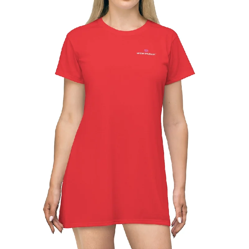 Red T-Shirt Dress, Solid Color Crewneck Long Tee Shirt Best Designer Dress For Women - Made in USA Mesh Canvas Denim Red T-Shirt Dress, Solid Color Crewneck Long Tee Shirt Best Designer Dress For Women - Made in USA Mesh Canvas Denim