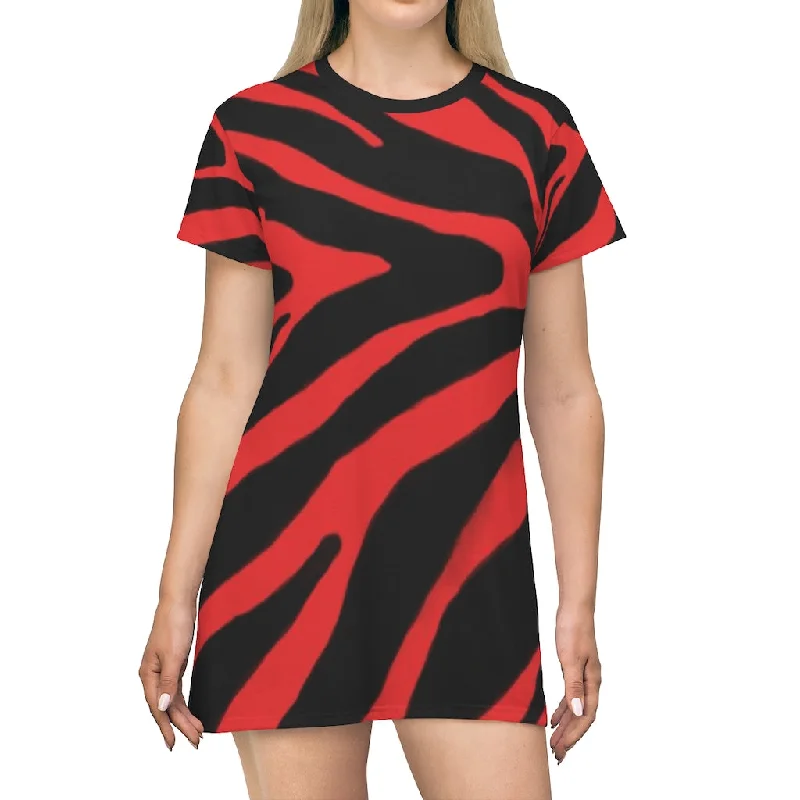 Red Zebra Print T-Shirt Dress, Zebra Animal Print Crew Neck Long Tee Shirt Dress - Made in USA Anti-Shrink Durable Soft Red Zebra Print T-Shirt Dress, Zebra Animal Print Crew Neck Long Tee Shirt Dress - Made in USA Anti-Shrink Durable Soft