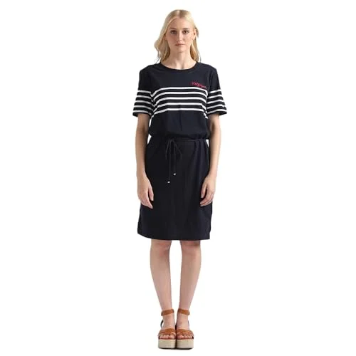 Tommy Hilfiger Cotton Navy Striped Round Neck Short Sleeves Women T-Shirt Dress (L) Polka Dot Checkered Tartan