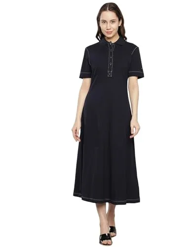 Tommy Hilfiger Women's Lyocell T-Shirt Calf Length Casual Dress (F23HWDR038_Navy Blue Plaid T-Shirt Polka Dot Checkered Tommy Hilfiger Women's Lyocell T-Shirt Calf Length Casual Dress (F23HWDR038_Navy Blue Plaid T-Shirt Polka Dot Checkered
