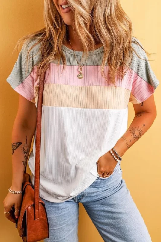 White Ribbed Color Block Patchwork Tee Striped Floral Plaid