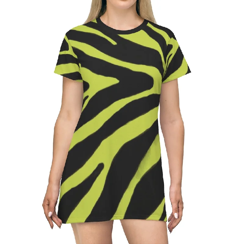 Yellow Zebra T-Shirt Dress, Zebra Animal Print Crew Neck Long Tee Shirt Dress - Made in USA Casual Formal Business Yellow Zebra T-Shirt Dress, Zebra Animal Print Crew Neck Long Tee Shirt Dress - Made in USA Casual Formal Business