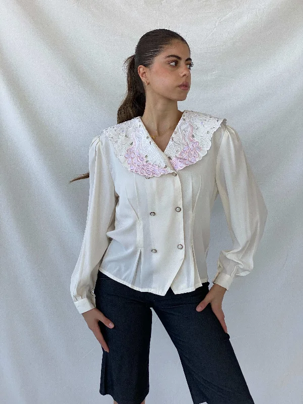00s FIRAS Embroidered Oversized Collar Ivory Victorian Blouse - M Sheer Mesh Blouse