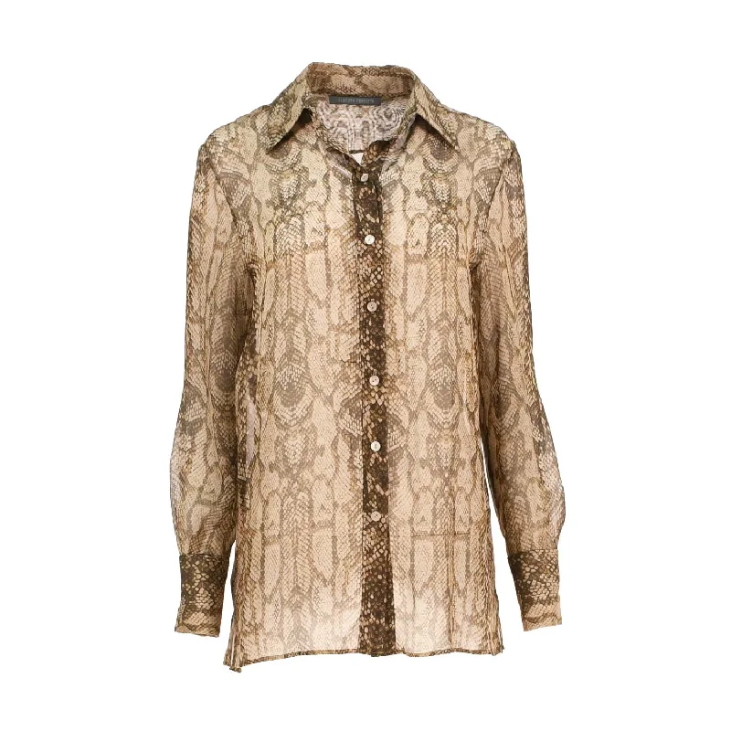 Alberta Ferretti Snakeskin Semi-Sheer Silk Blouse Embroidered Floral Blouse