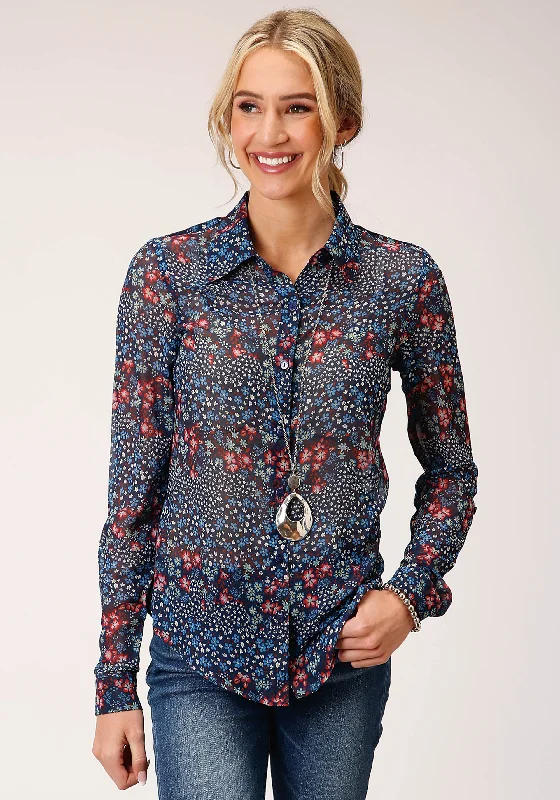 WOMENS LONG SLEEVE DITZY FLORAL PRINT POLYESTER SHIRT BLOUSE Elegant Silk Blouse