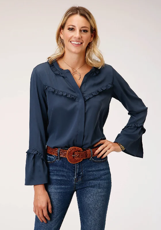 WOMENS LONG SLEEVE NAVY POLY AMERICAN CREPE  BLOUSE Soft Modal Blouse