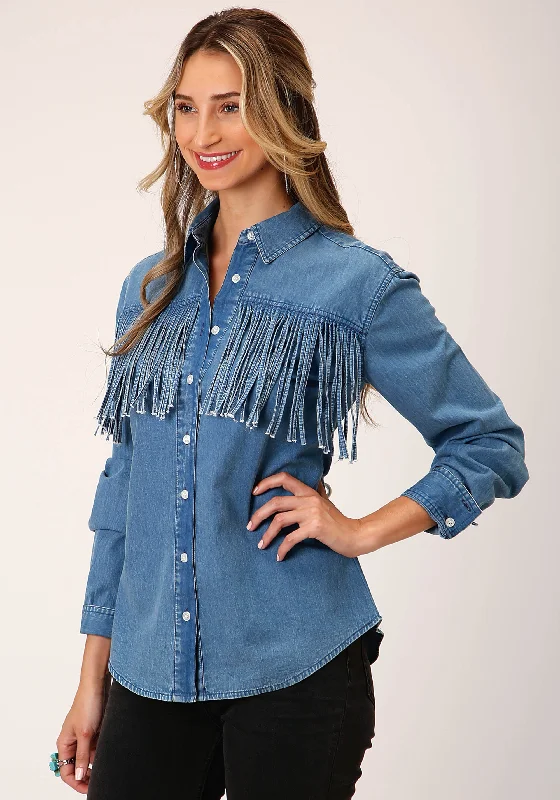 WOMENS LONG SLEEVE MEDIUM BLUE DENIM LONG SLEEVE  WSTN SHIRT BLOUSE Textured Cotton Blouse