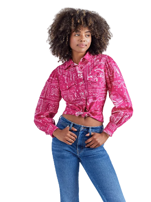 Wrangler Women's Barbie Western Balloon Sleeve Printed In Pink Bandana Blouse Casual Relaxed Fit Blouse Wrangler Women's Barbie Western Balloon Sleeve Printed In Pink Bandana Blouse Casual Relaxed Fit Blouse