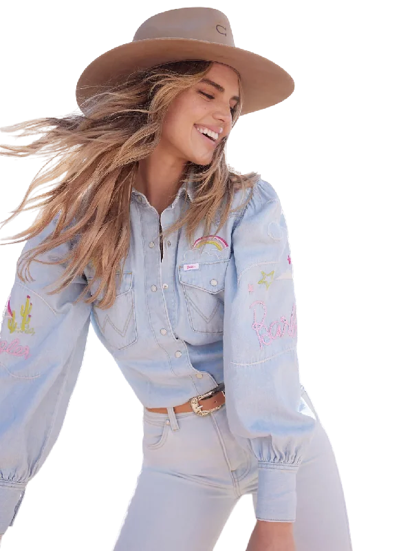 Wrangler Women's Barbie Western Balloon Sleeve Embroidered In Ken Wash Blouse Classic Striped Blouse Wrangler Women's Barbie Western Balloon Sleeve Embroidered In Ken Wash Blouse Classic Striped Blouse