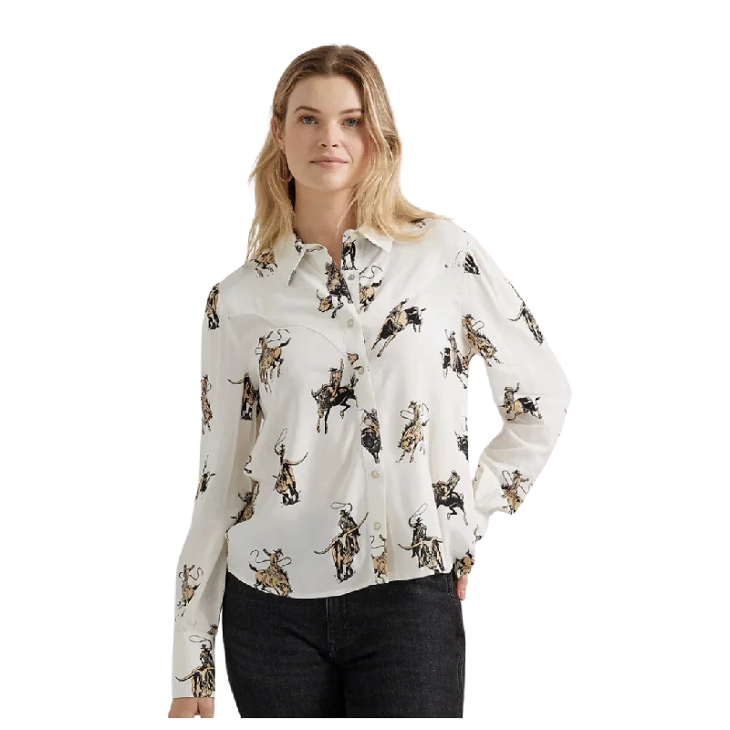 Wrangler Women's Retro Drapey Rodeo White Blouse Classic Striped Blouse