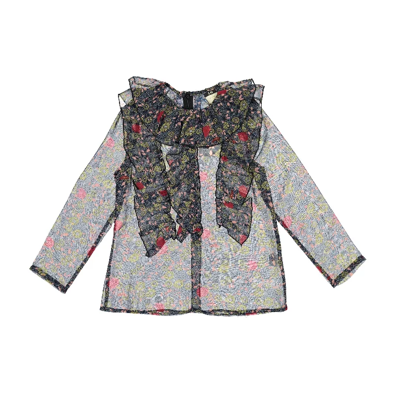 A4 Blue Sheer Floral Ruffle Blouse Floral Print Blouse