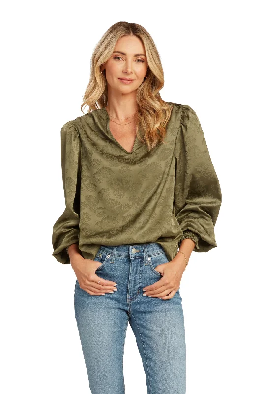 ABIGAIL BLOUSE OLIVE JACQUARD Elegant Semi-Sheer Blouse
