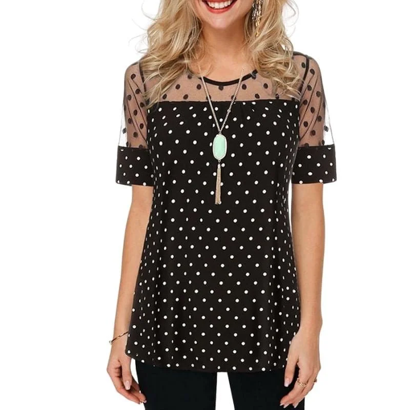 AGNES Design Women's Fine Fashion Premium Quality Polka Dots Mesh Design Blouse Oversized Silk Blouse