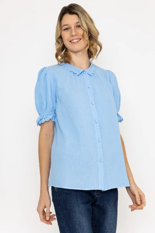 Short Sleeve Air Flow Blouse in Blue Stylish Wrap Blouse