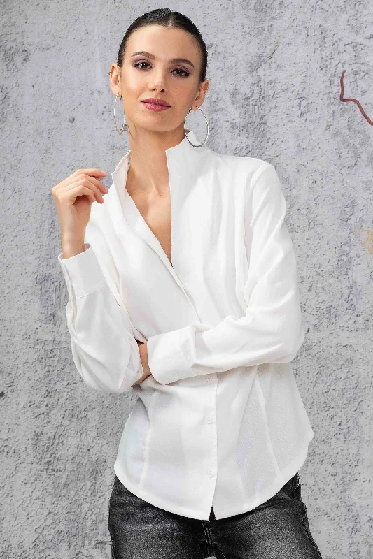 Alison Sheri A44078 Blouse Stand Up Collar Off White Classic Striped Blouse