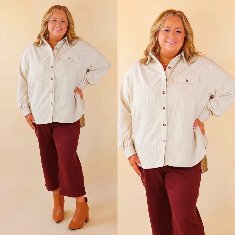 All Dolled Up Button Up Corduroy Shacket in Ivory Everyday Stylish Blouse